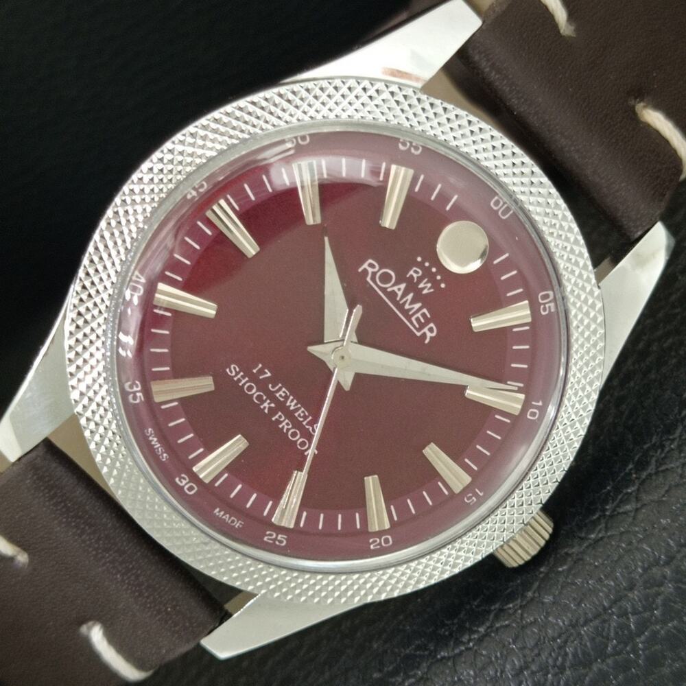Vintage 1980 Roamer Manual Mens Silver Watch W/Leather Strap & Red accents
